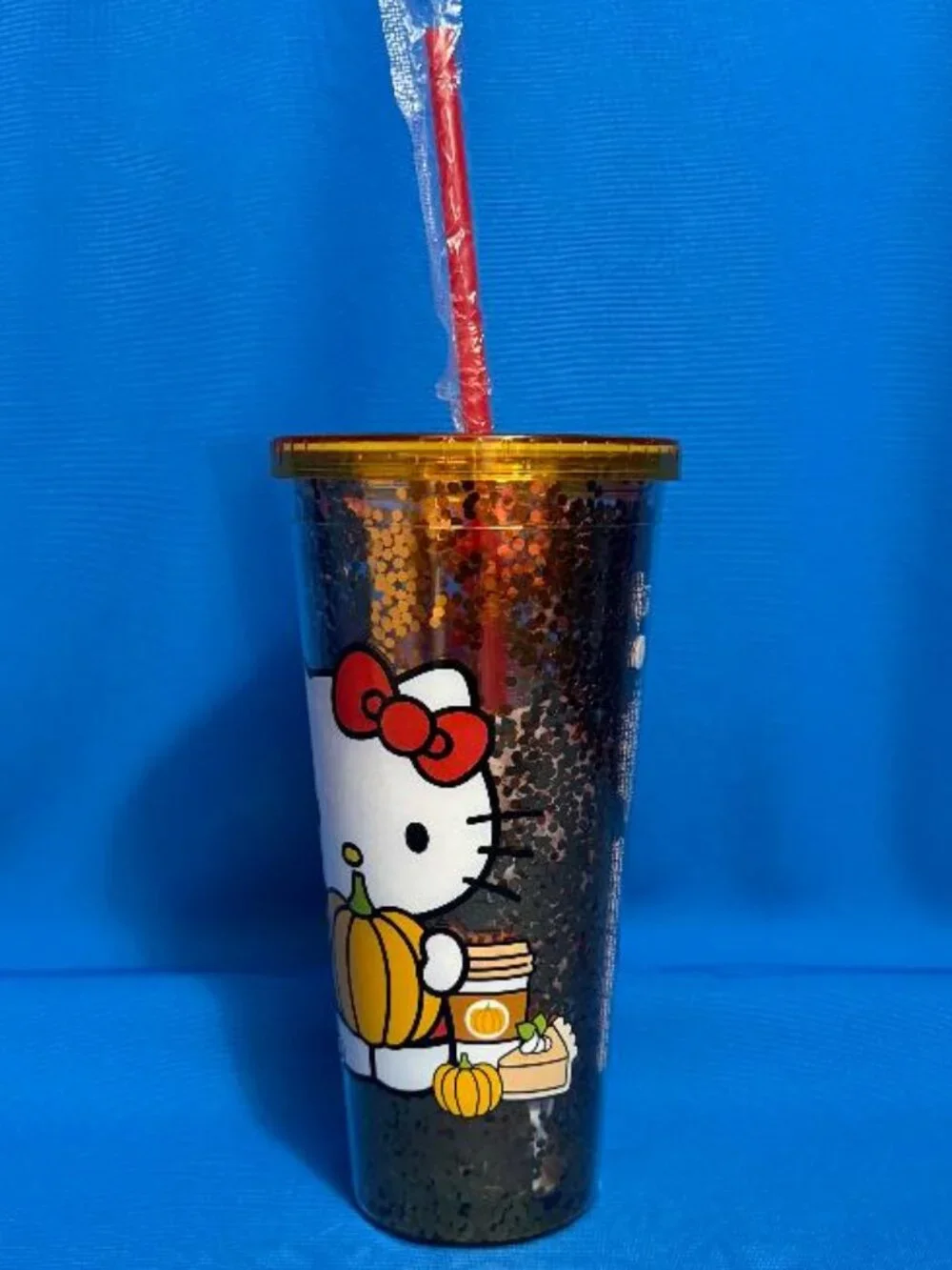 NEW HELLO KITTY PUMPKIN SPICE & PUMPKINS DOUBLE WALLED SEQUIN 32 OZ TUMBLER CUP